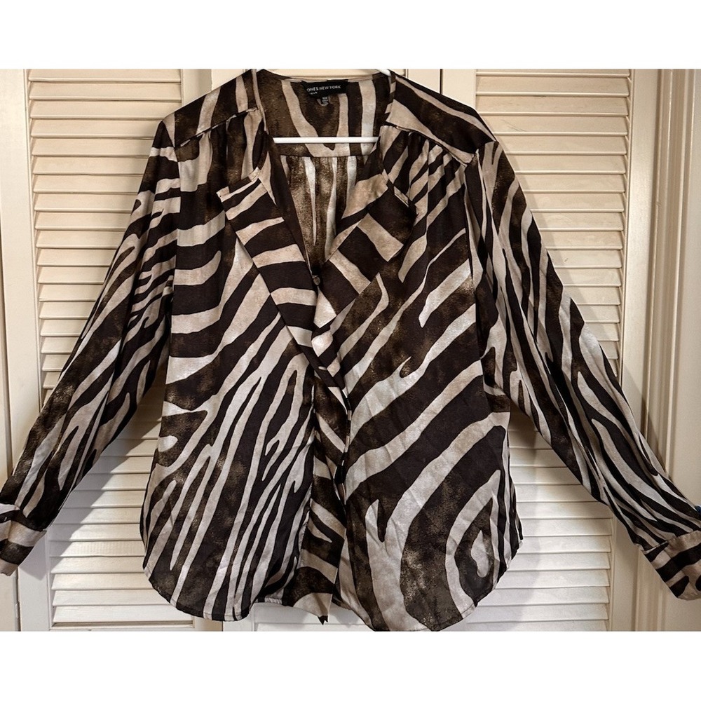 jones new‎ york signature blouse zebra print longsleeve brown blouse size 16w